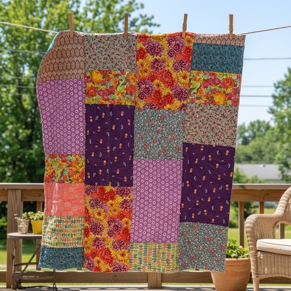 Vintage Hand Stitched Patchwork Kantha 50x44 Quilt Floral Multi Color Teal Back